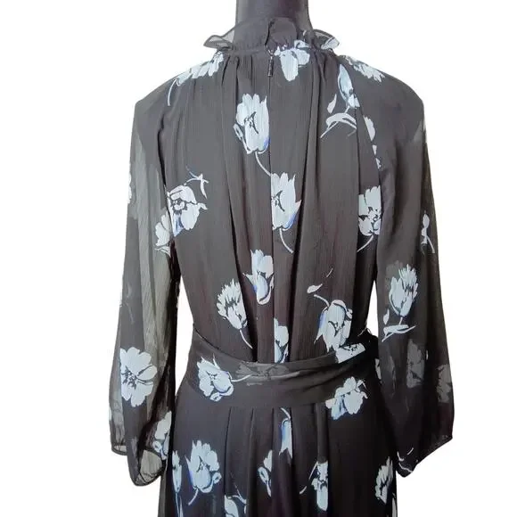Karl Lagerfeld Paris Black/White Floral Chiffon Midi Dress, Ruffle Hem - 14 - Picture 6 of 9